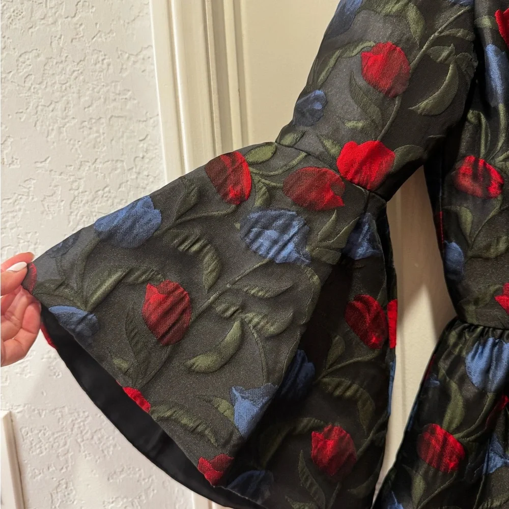 Alice + Olivia Black Floral Jacquard Babydoll Dress with Red & Blue Tulips - Picture 6 of 11